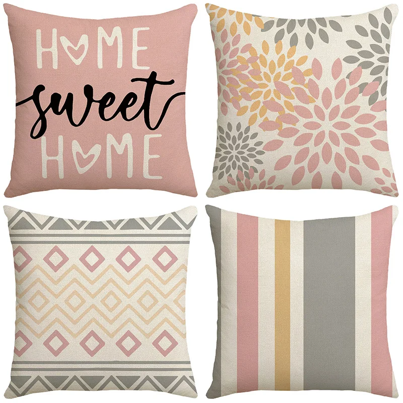 

Geometric Print Pink Pillows Cushion Cover 18x18 Inches Square Linen Pillowcase Living Room Decor Throw Pillow Covers for Sofa