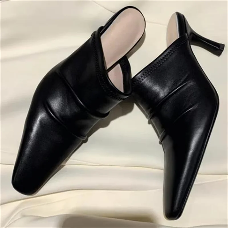 

Pleated Toes Shoes for Women Square Toe High Heels Solid Female Slippers Tacone PU Leather Chassure Femme Sewing Lines Zapatos