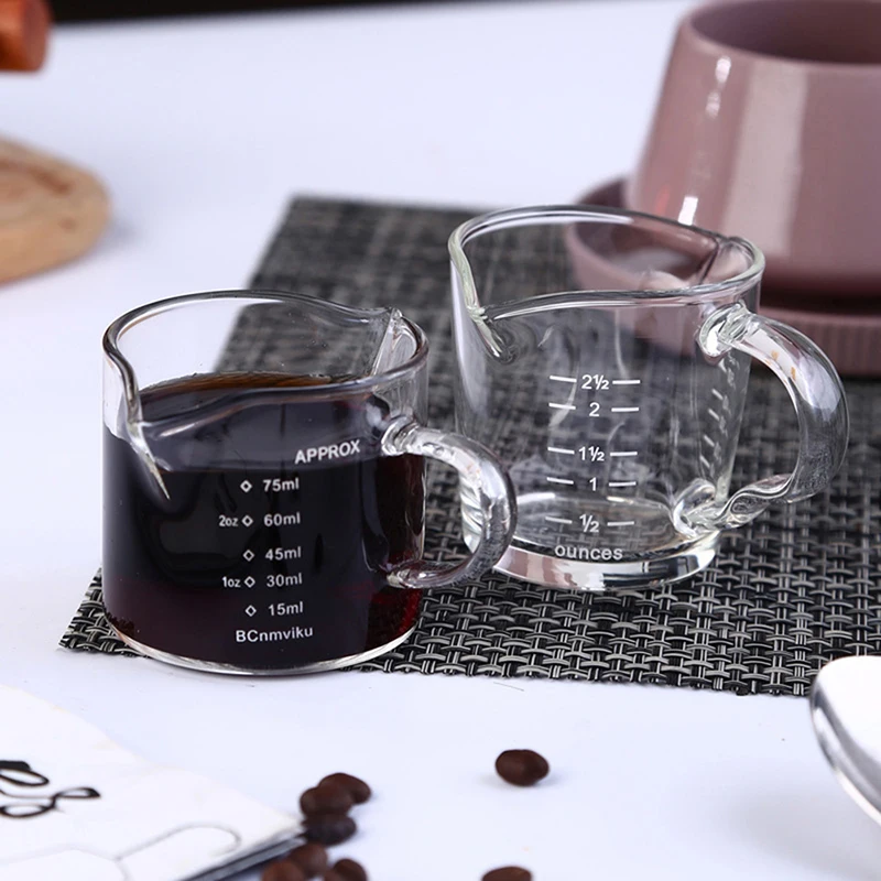 70/75ml Espresso Schuss Glas Doppel Auslauf Glas Messbecher Wärme-Beständig Griff Klaren Maßstab Wein Milch kaffee Messen Krug