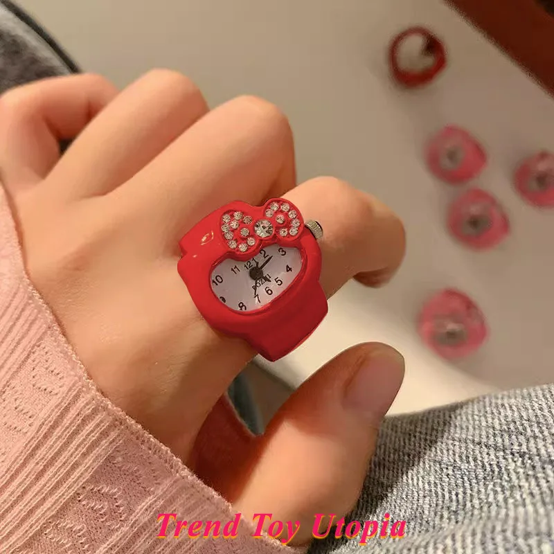 

Wholesale Kawaii Sanrio Hello Kitty Watch Ring Cute Kt Cat Bow Rhinestone Clock Ring Watch Girls Ornaments Fashionable ring Gift
