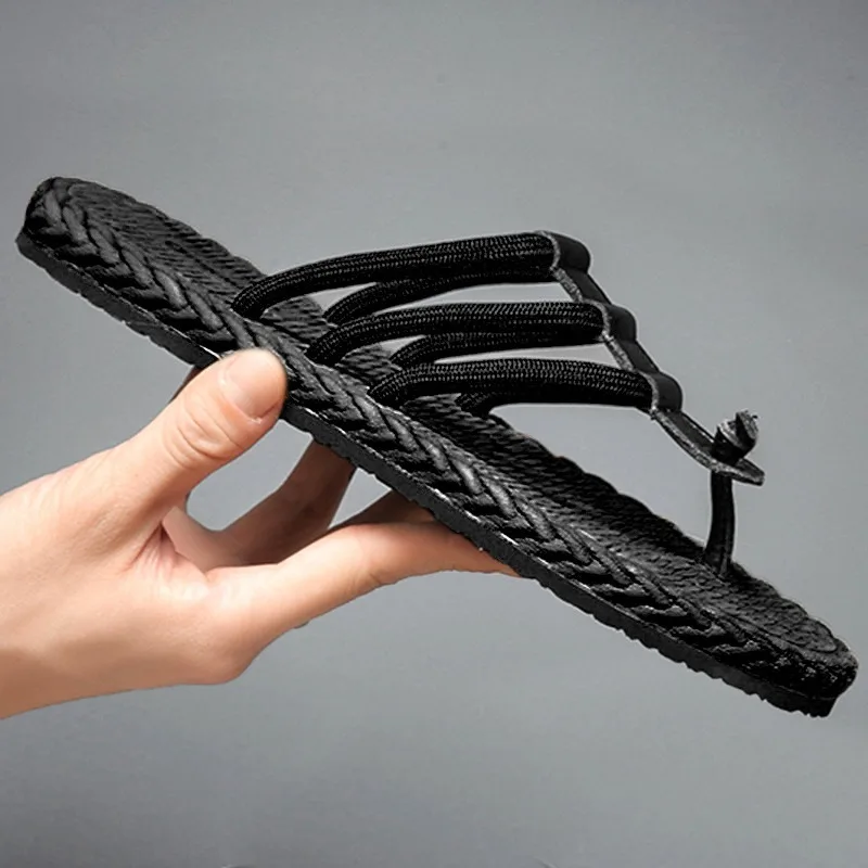 Imitation Straw Slippers for Men's Summer Outer Wear Non-slip Flip-flops Woven Flip-flops Casual Outdoor Beach Sandals