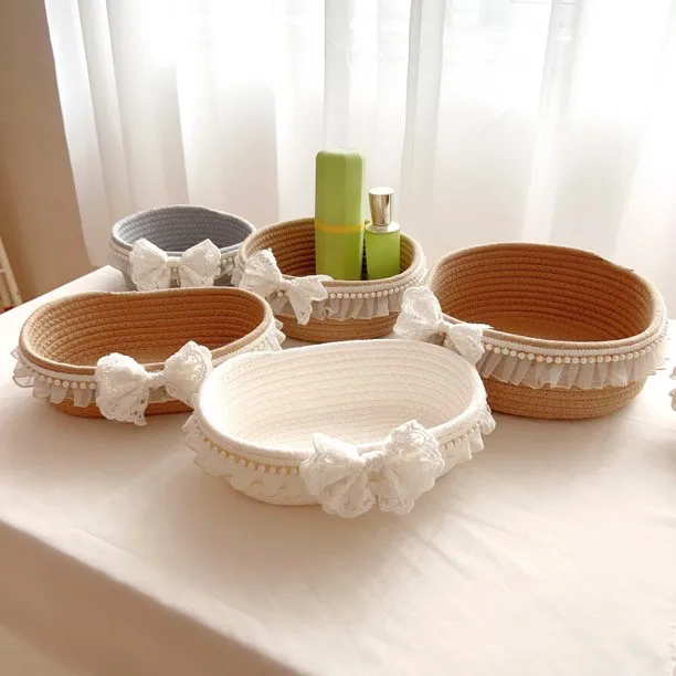 Cosmetics Storage Box Retro Desktop Storage Basket Finishing Box Hand Woven Cotton Thread Pearl Lace Ship Shaped Circular Bow