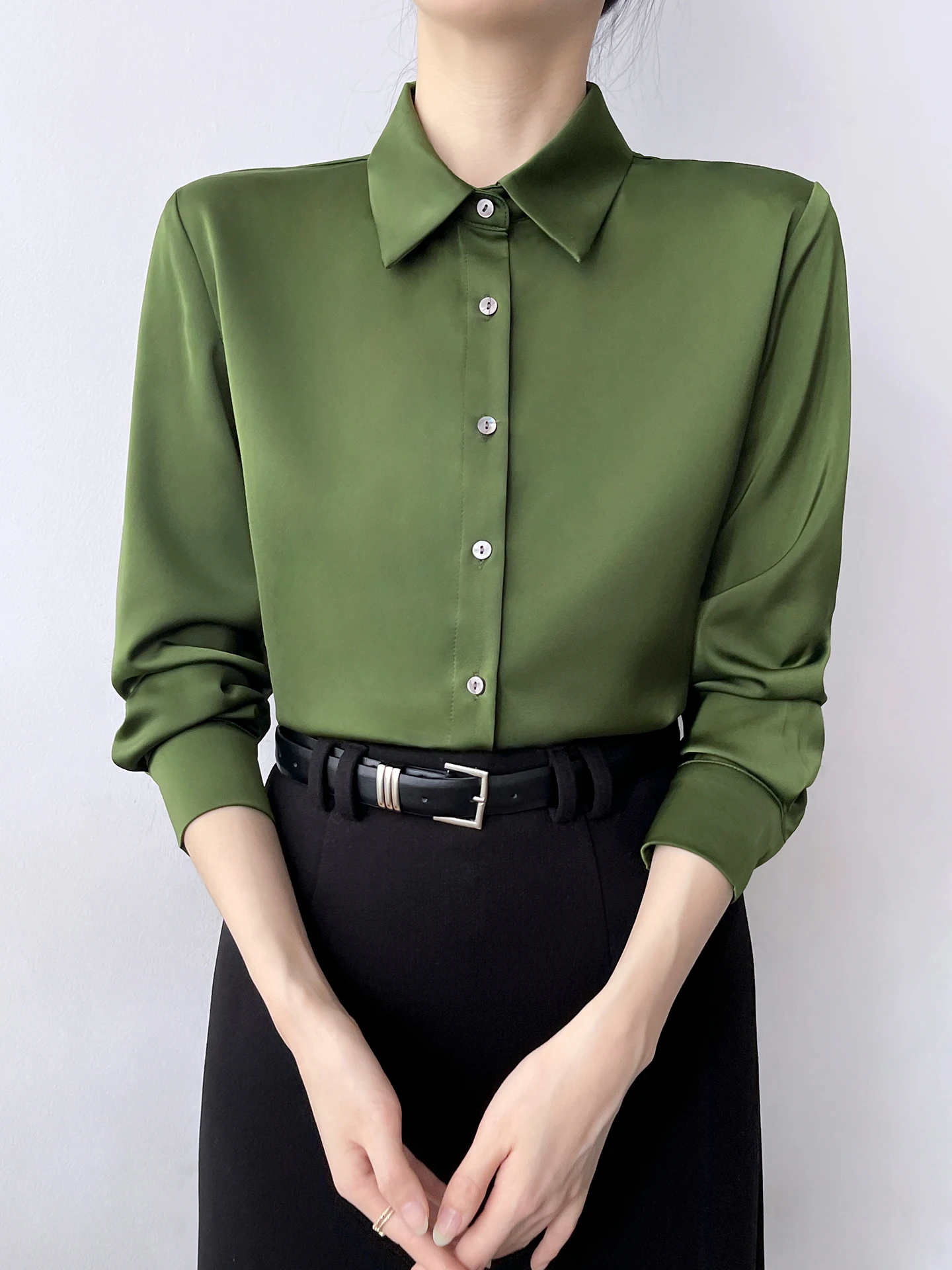 

Корейская женская шелковая блузка с длинным рукавом, повседневная, легкая, драпированная, из полиэстера, простая в уходе, для офиса и поездок на работу