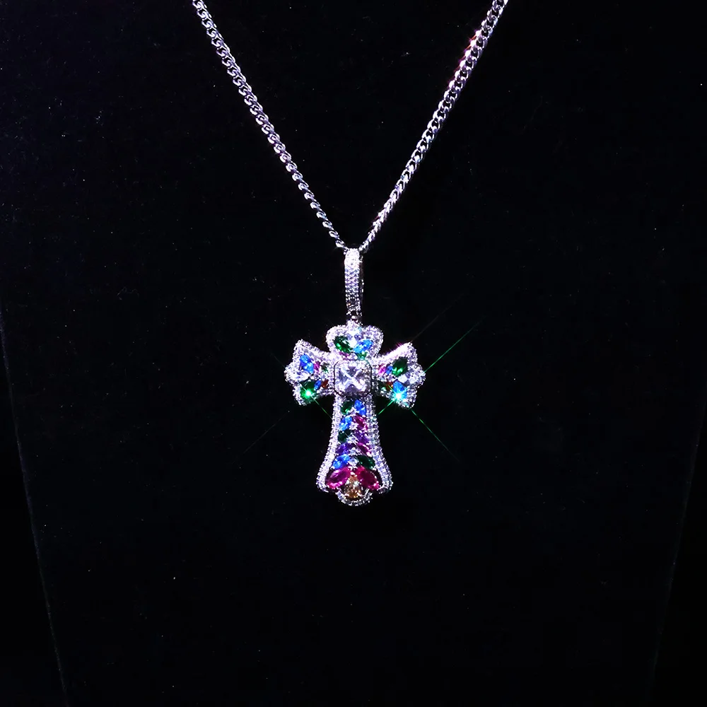 

NY New Colorful Cz Cross Pendant Necklaces for Men Women Iced Out Pave Setting Cubic Zirconia Charms Hip Hop Jewelry for Gift