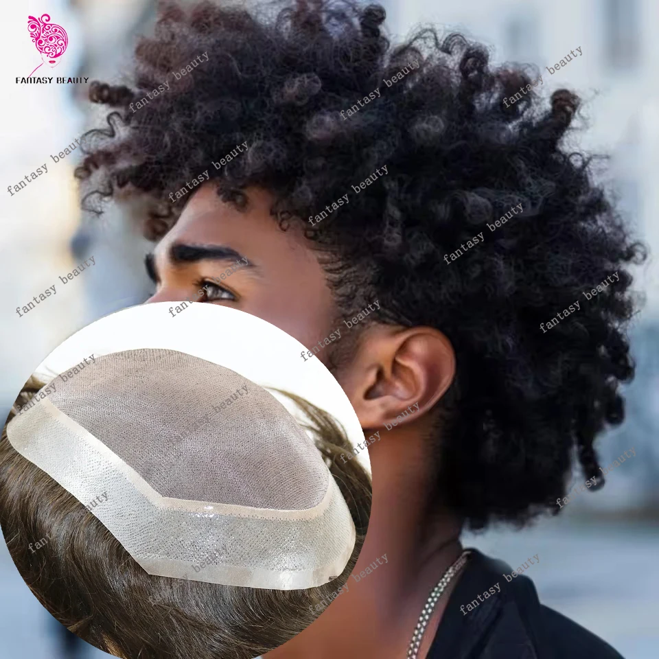 

8mm/10mm/12mm Afro Man Toupee Weave Black Brown Super Durable Mono Men Kinky Curly 100% Human Hair African American Mens Toupet