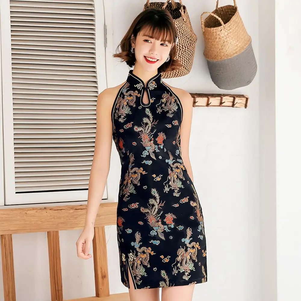 

Women Traditional Qipao Sexy Sleeveless Silk Brocade Cheongsams Mini Chinese Dress Classical Print Vestidso Oversize 3Xl