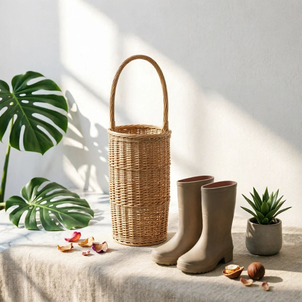 

Woven Wicker Umbrella Stand Lightweight Arched Handle Umbrella Holder Wicker Basket Stand Handwoven Home Storage Stable