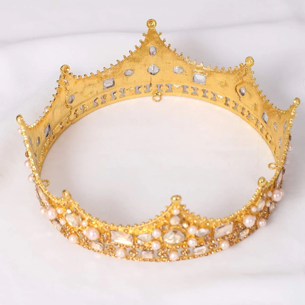 Koning Kroon Voor Mannen Kostuum Accessoire Prom Tiara Barok Vintage Kristallen Parel Bruids Bruiloft Tiara 'S (Goud)