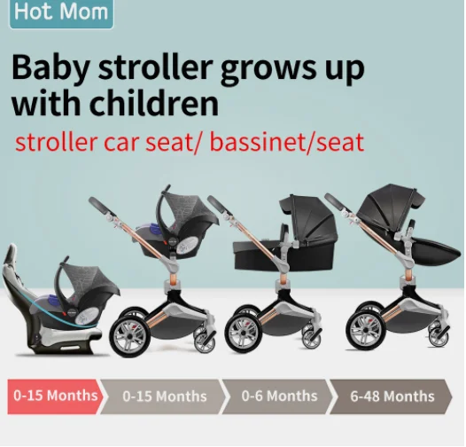 Hot Mom Luxury Baby Stroller 3 in 1 travel system stroller with bassinet and car seat，360° Rotation stroller with high quality