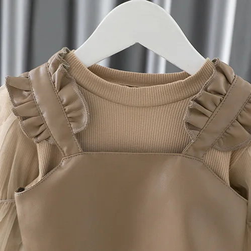 2024 New Girl Leather Jacket Short Skirt Bottoming Shirt Three-piece Set for Little Ones Spring and Autumn Korean Fashion Suit