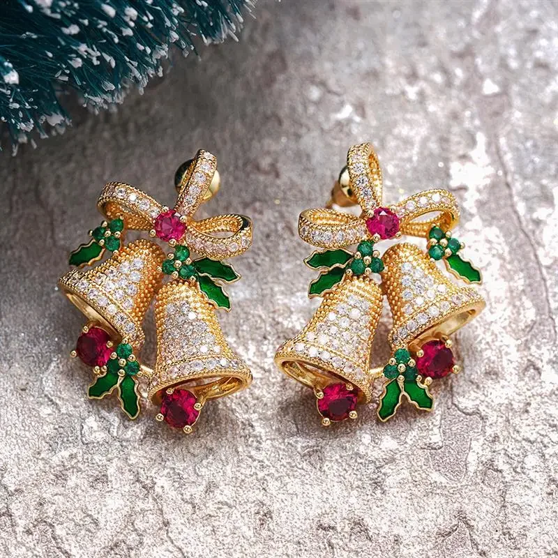 Huitan Ästhetische Weihnachts-Glocken-Ohrstecker für Damen mit Funkelnden Zirkonia, Eleganter Modeschmuck für Festliche Anlässe und Partys – Detail 7