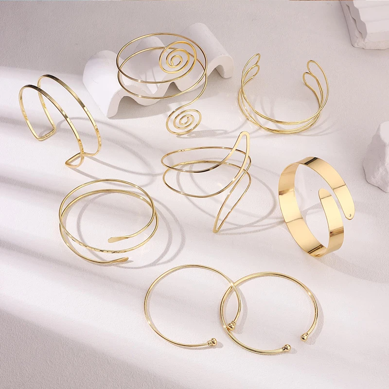 FTCY 8 Pcs Arm Cuff Bracelet for Women Gold Color Adjustable Layered Coil Swirl Armlet Bangles Jewelry Set for OutSide