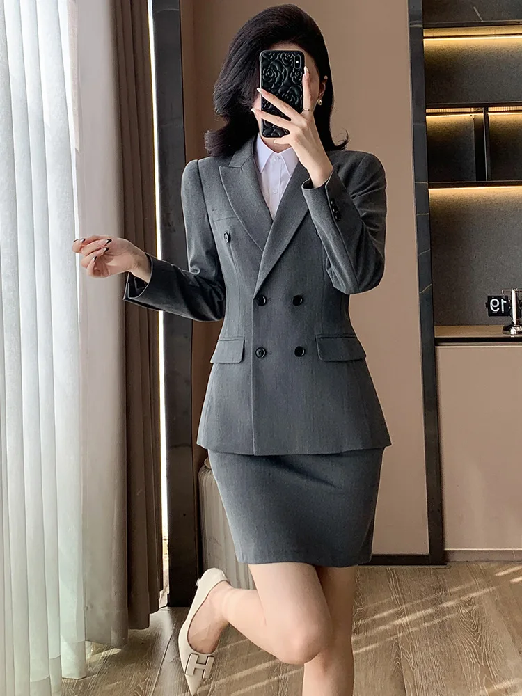 Navy blue women's suit set for autumn, suitable for commuting, elegant and professional, slim-fit double-breasted blazer, formal