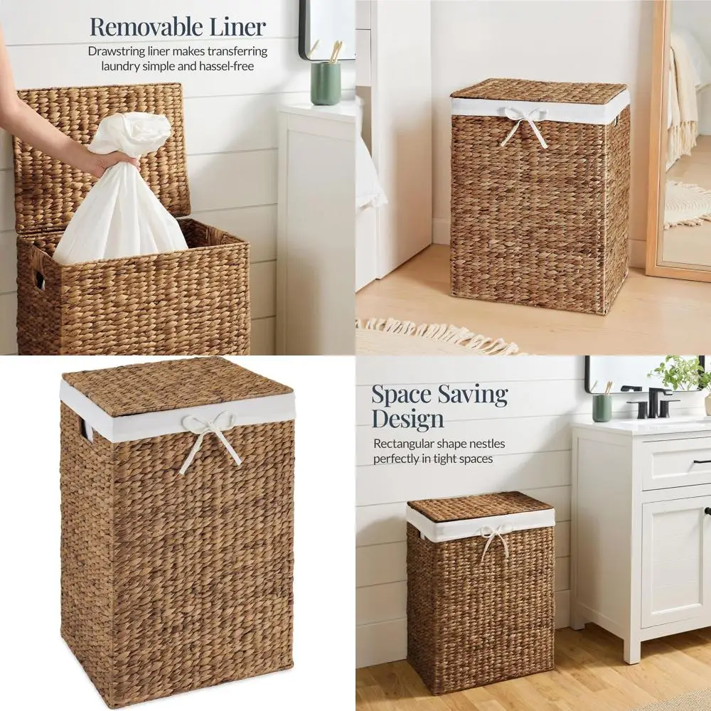 

Плетеная вручную корзина для белья на 26 галлонов с крышкой, съемным вкладышем и встроенными ручками для домашнего хранения