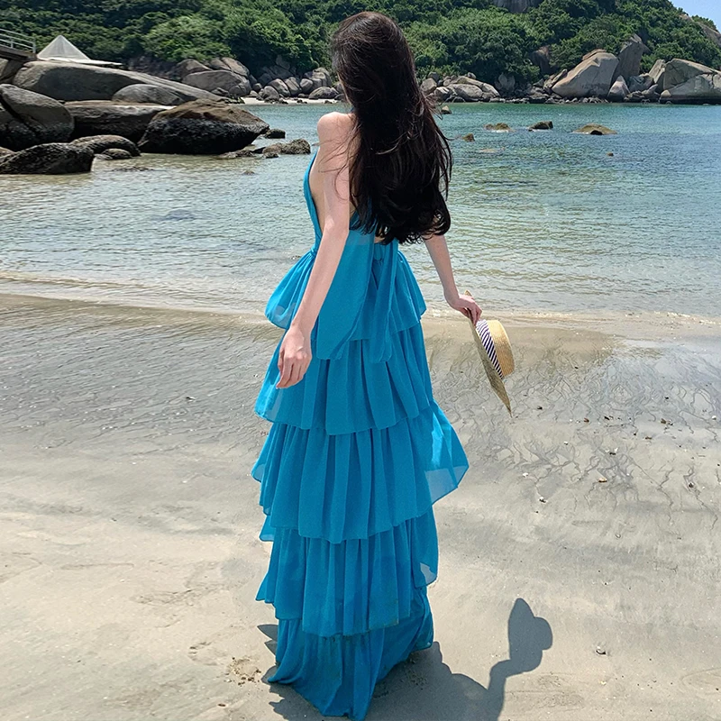 Sexy Pure Desire Blauw V-Ne Strapl Svel Dr Dames Taille Cinching Afslanken Bal Tie ing Cake Lange Dr