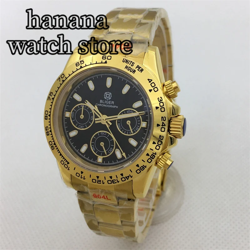 39mm VK63 Quartz Run Second Chronograph Silver Gold Stainless Steel Case Bracelet Sapphire Glass Men's reloj hombre