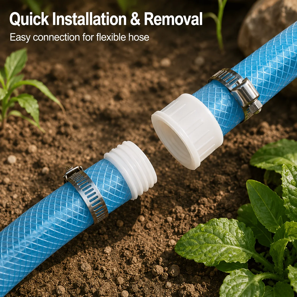 5Pcs 16mm Straight Through Hose Connector, HDPE Plastic 1/2‑Inch Garden Irrigation Pipe Quick Extension Coupler, Need Clamp