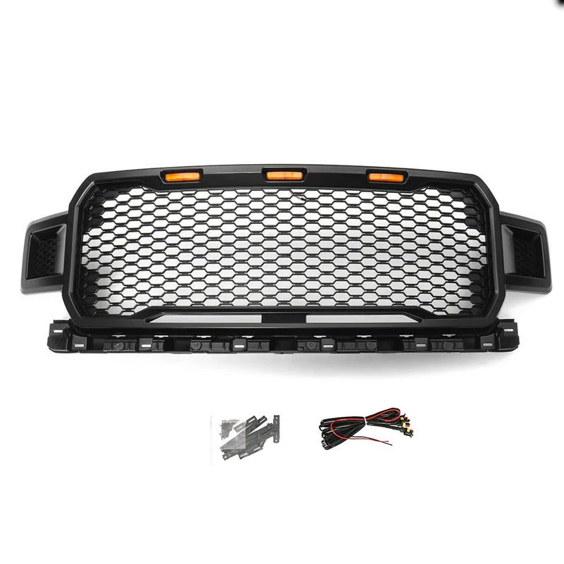 لفورد F150 2018 ~ 2020 رابتور ستايل قطع غيار السيارات مصبغة ماتي الأسود شواء ABS المصد الأمامي شبكات العلوي مع مصباح ليد