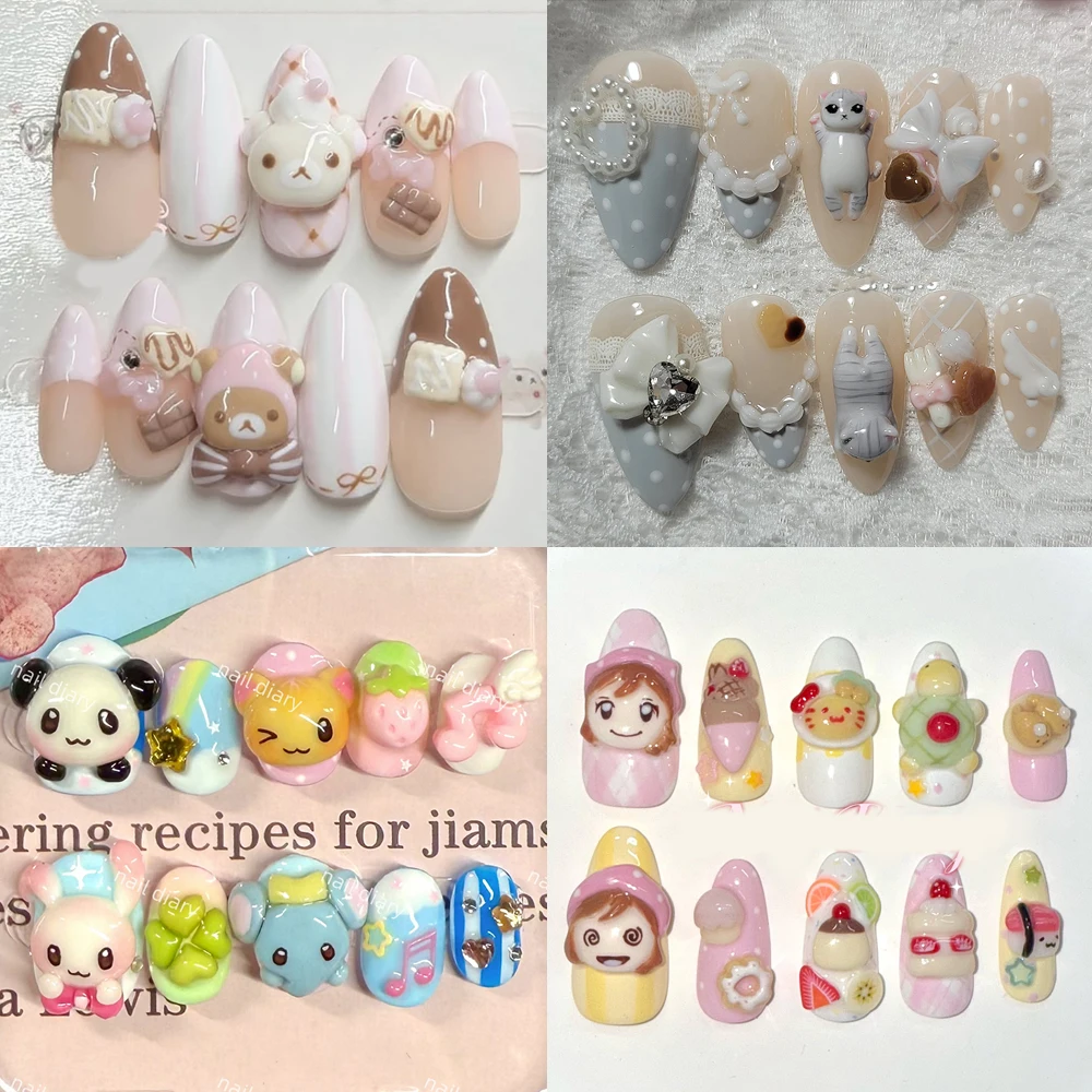 10Pcs Handmade Cartoon Pink Sweet Polka-Dot Bowtie Press On Nail Art Stickers Princess Lolita Style 3D Cute Doll Rilakkuma Nails