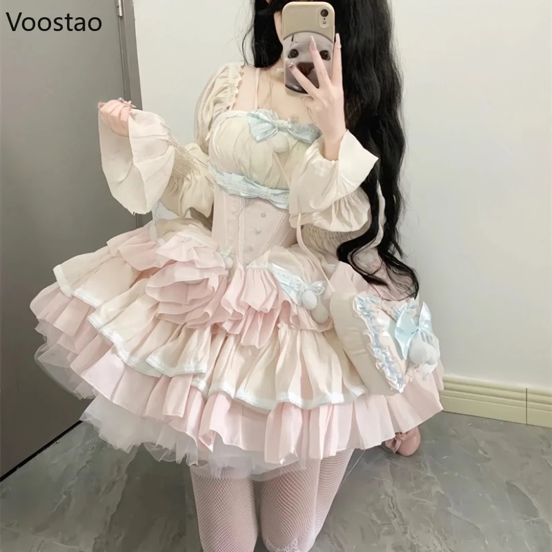 Sweet Lolita OP Dress Japanese Women Harajuku Kawaii Lace Bow Ruffles Evening Party Dresses Female Off Shoulder Princess Dress