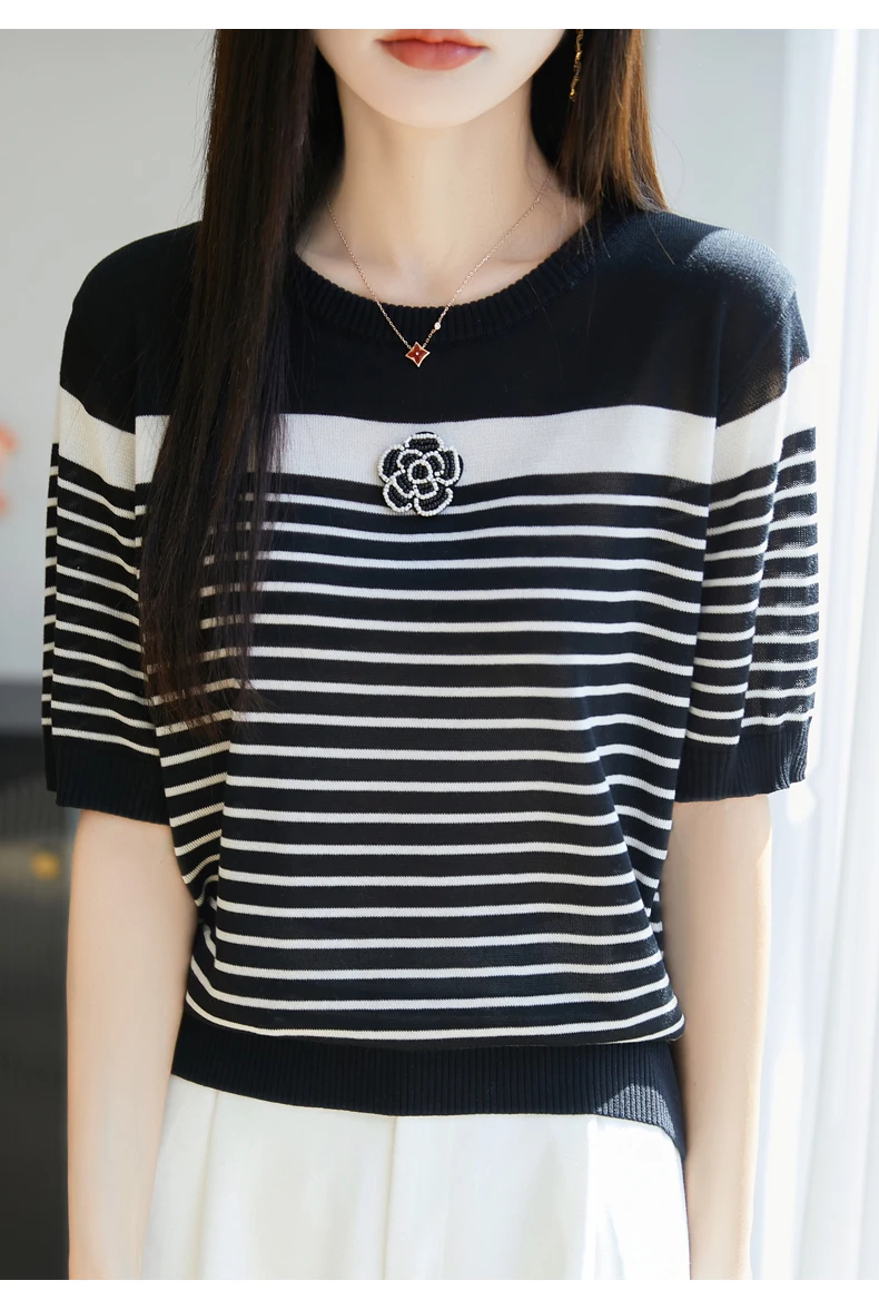 2025 verão listrado camisola de malha t feminino gelo seda flor miçangas moda solta topos malhas manga curta elegante jumpers