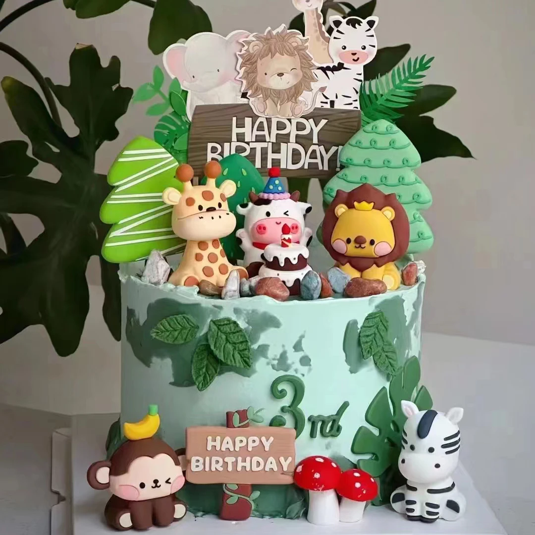 حيوانات الغابة كعكة القبعات العالية سفاري الاطفال 1st حفلة عيد ميلاد كعكة زينة حديقة الحيوان الحيوانات الأسد الفيل الزرافة استحمام الطفل ديكور #4
