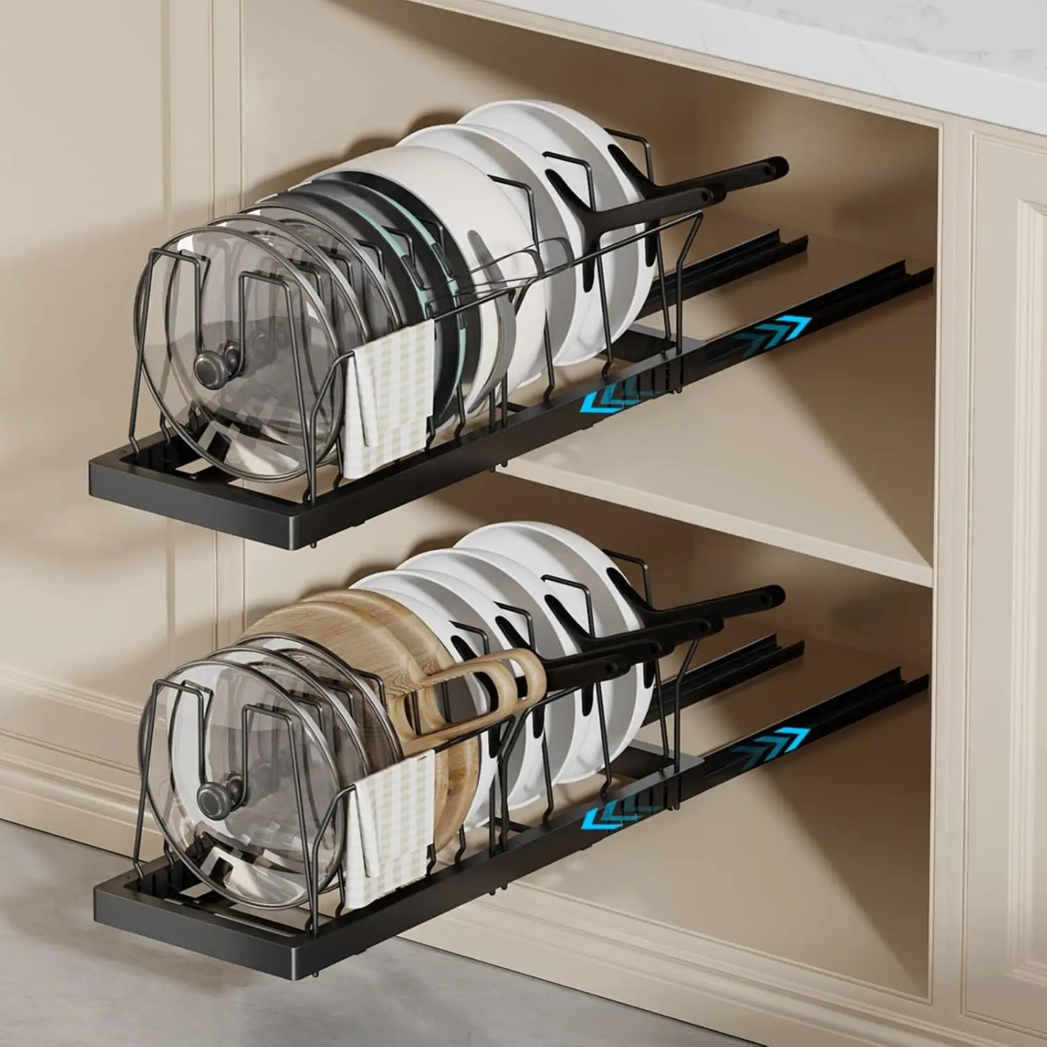 

2 Pack Pots and Pans Organizer Under Cabinet, 22' Deep Expandable Pull Out Pot Lid Organizer and