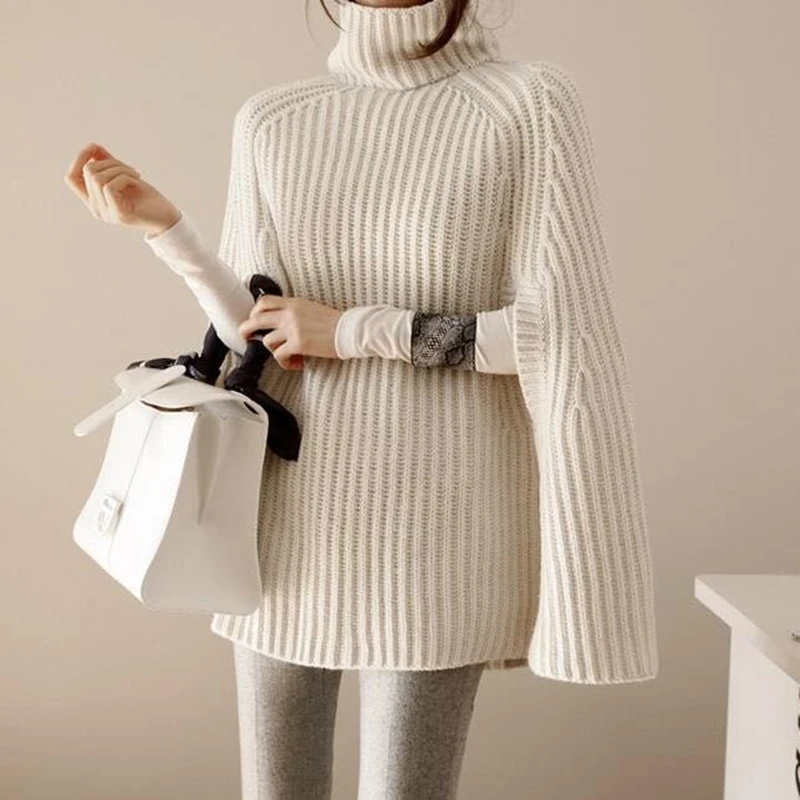 

Batwing Knitted Tops Loose Oversize Sweater Autumn Winter Fashion Women Cloak Poncho Female Sexy Turtleneck Sweaters Khaki 2024