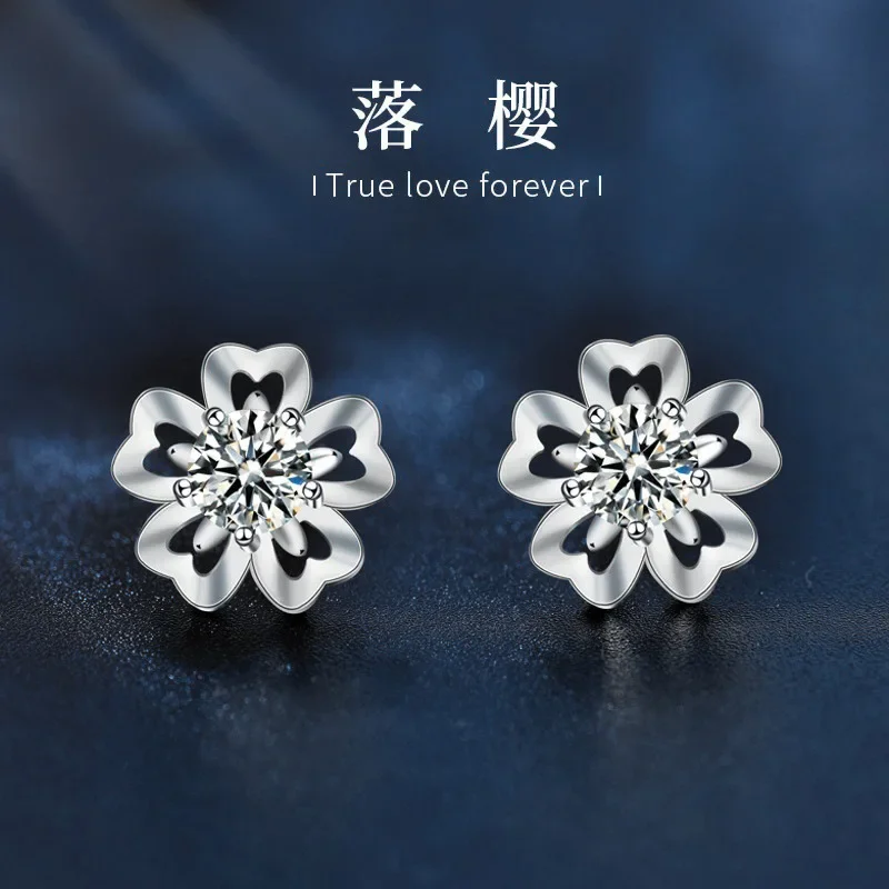 18K  Cherry blossom stud earrings women's literary mozzarella diamond earrings PT950 women fairy flower earrings