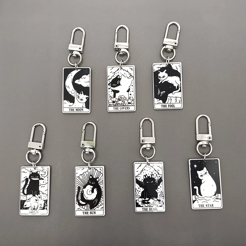 Acrylic Black White Cat Tarot Card Game Keychain Key Ring For Women Men Creative Funny Animal Pendent Bag Box Car Holder Jewelry