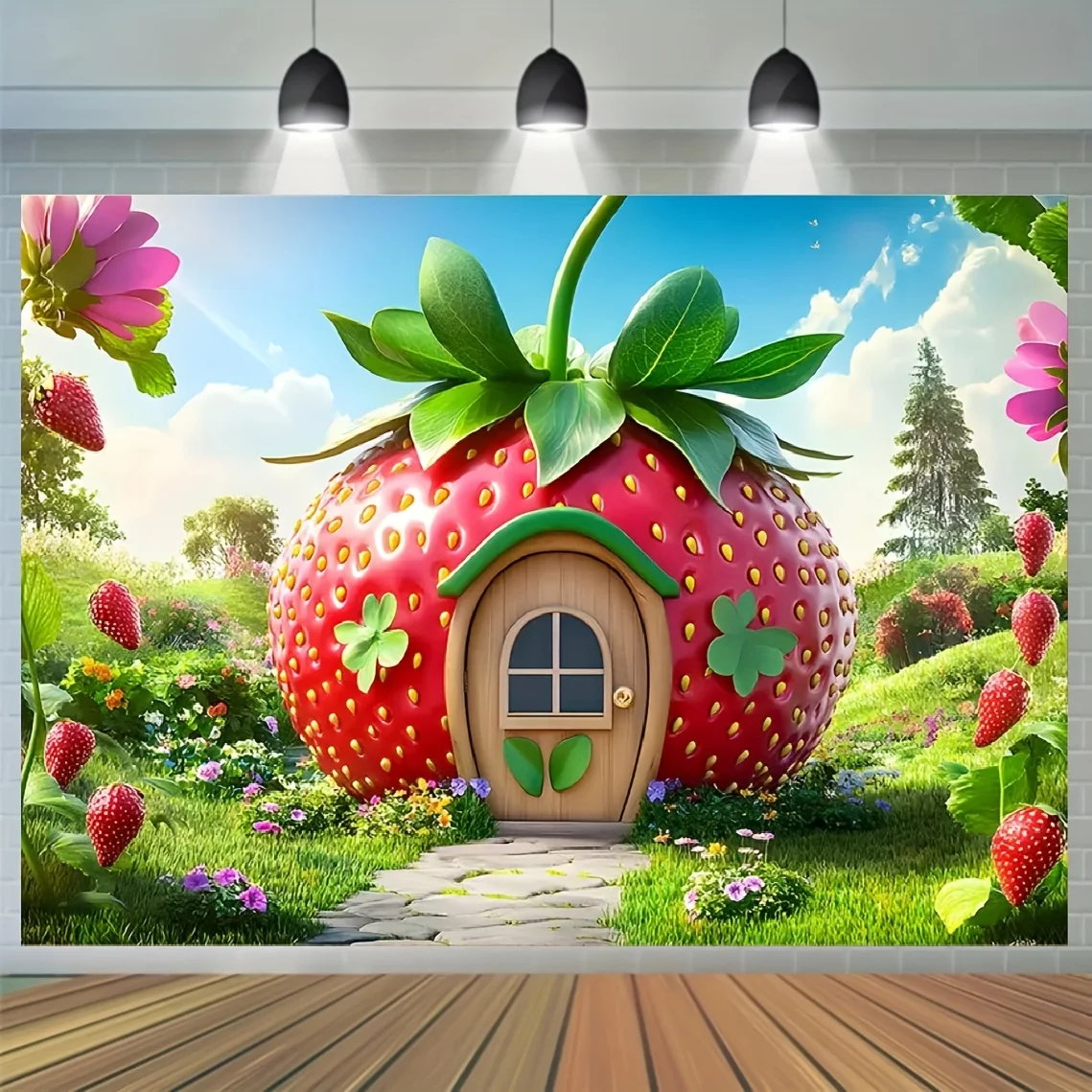 Fond de forêt enchantée, 1 pièce, joli décor de fond de chalet aux fraises, adapté à l'anniversaire, baptême, douche, fête de mariage