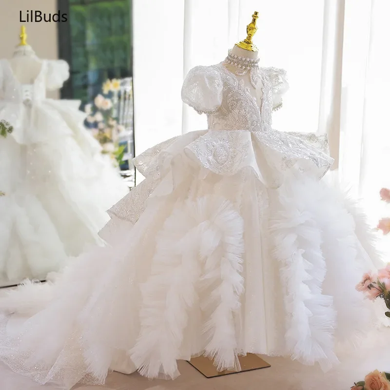 

Girls Short Sleeve Dress with Embroidered Bodice Rhinestone Neckline Tiered Ruffle Tulle Skirt Princess Gown for Wedding Pagean