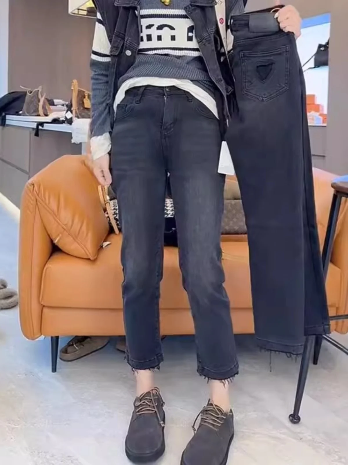 

Retro High Waist Straight Leg Jeans Women's Autumn plus Size Flared Design Versatile Slimming Nine Tube Pants Winter