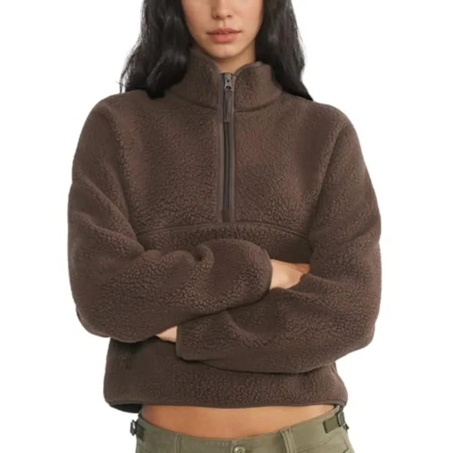 

Womens Fleece Sweatshirts Cropped Half Zip Fuzzy Warm Sherpa Pullover Varsity Jackets with Zipper Pockets