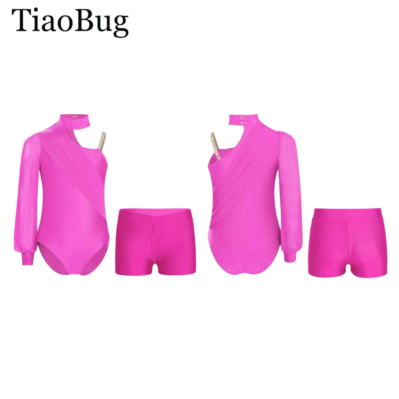 

Girls Figure Skating Gymnastics Dance Outfit One Shoulder Long Sleeve Ruched Mesh Leotard Bodysuits +Shorts Ballet Jersey
