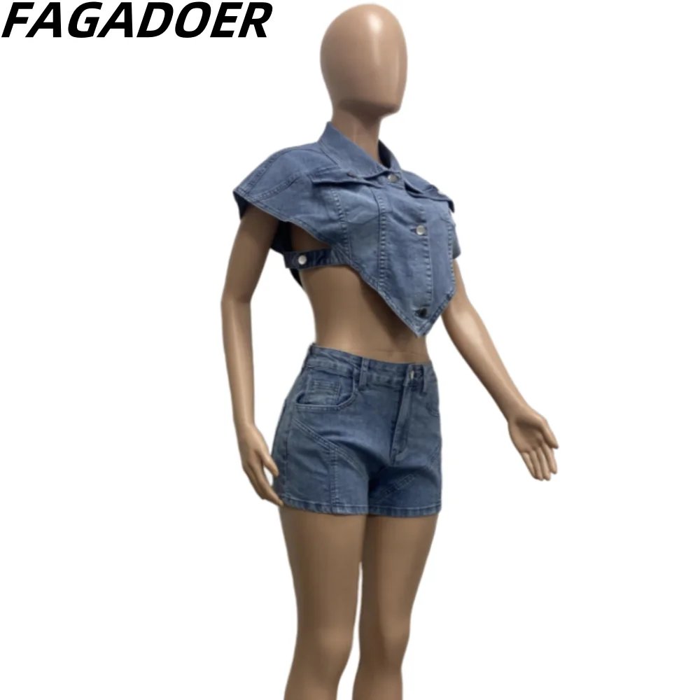 Imagem -05 - Fagadoer-conjunto de Duas Peças Jeans Azul para Mulheres Top e Shorts de Manga Curta Gola Irregular Streetwear Moda