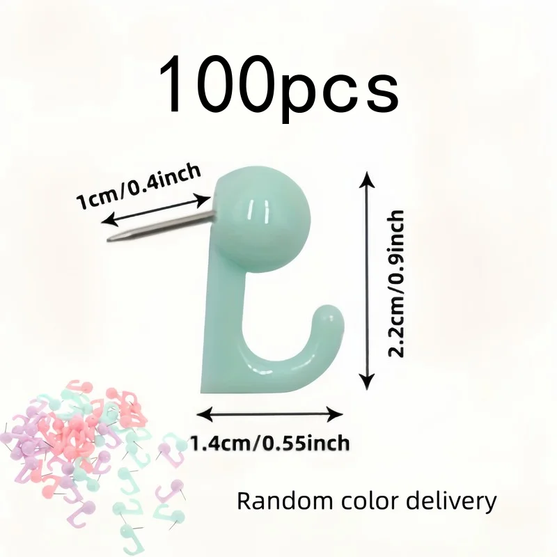 100 pcs Random Color Pushpin Hooks, Sturdy Hold, for Hanging Keys and Small Items on Corkboards and Photo Walls