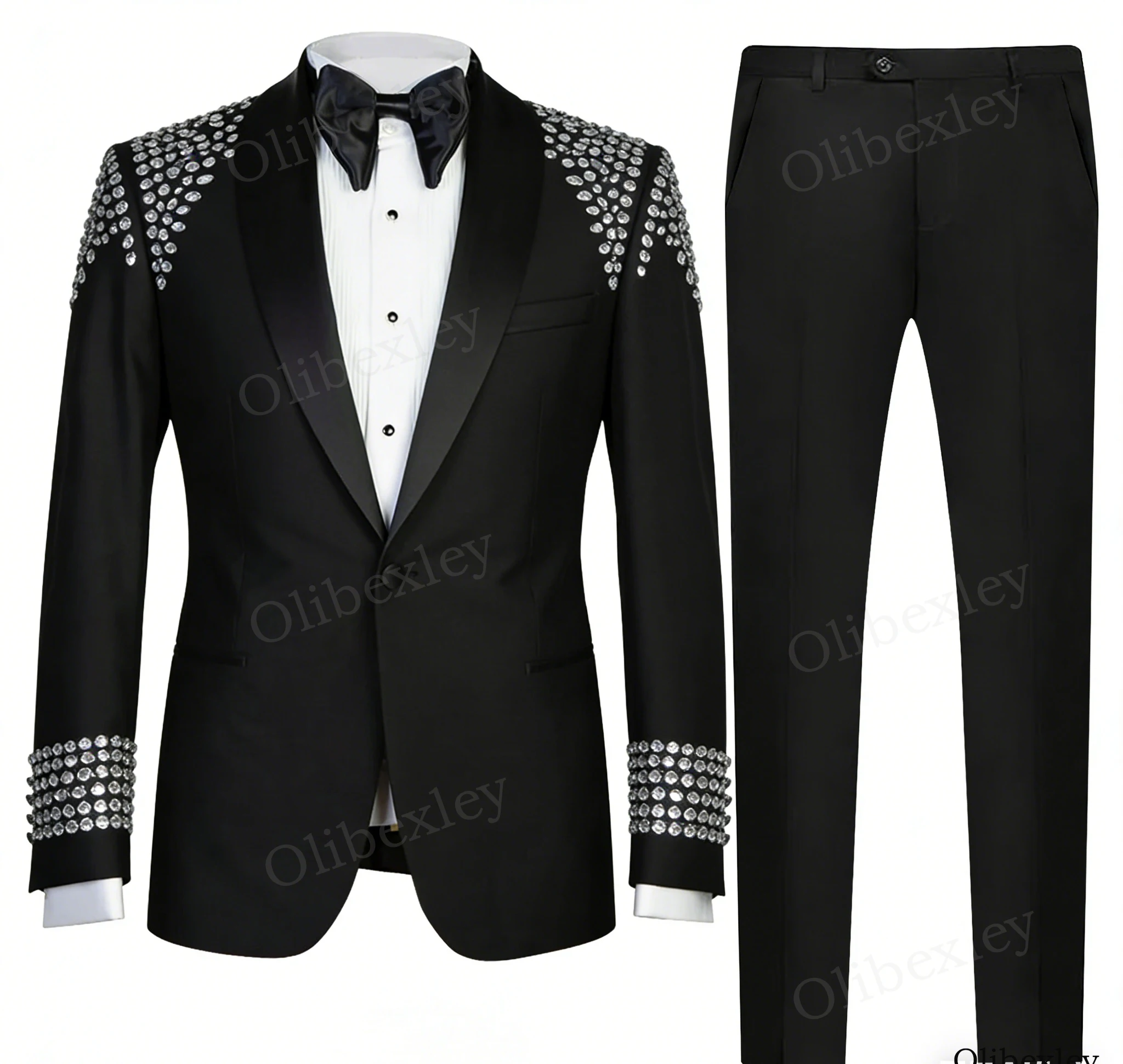

Luxury Black Men's 2 Piece Tuxedo Set with Customized One-Button Slim Fit Lapel Jewelry Decoration for Wedding Groom