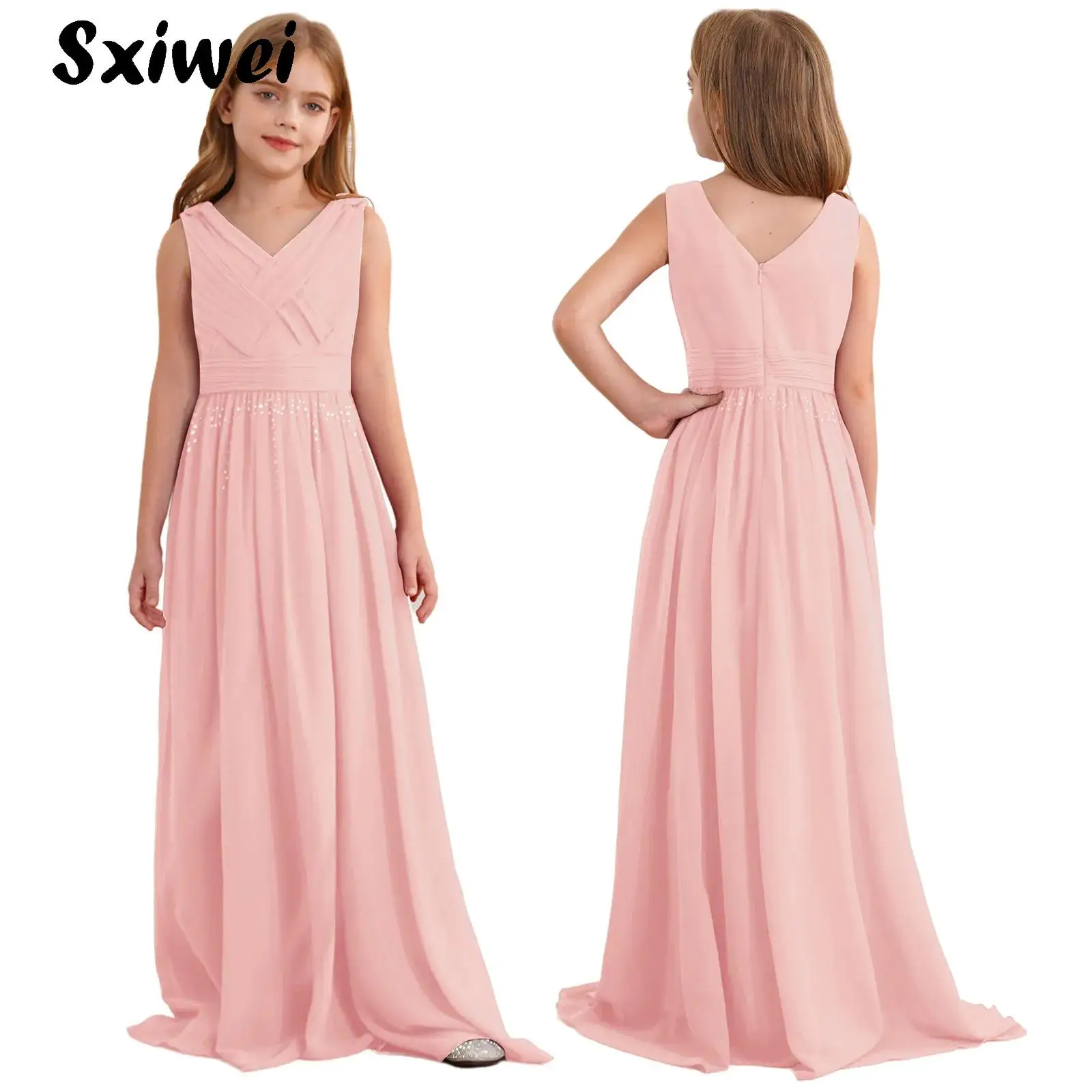 

Elegant Girl's Dress for Wedding Bridesmage Evening Princess V-Neck Long Chiffon Ruched Dress Festive Party Children's Clothing