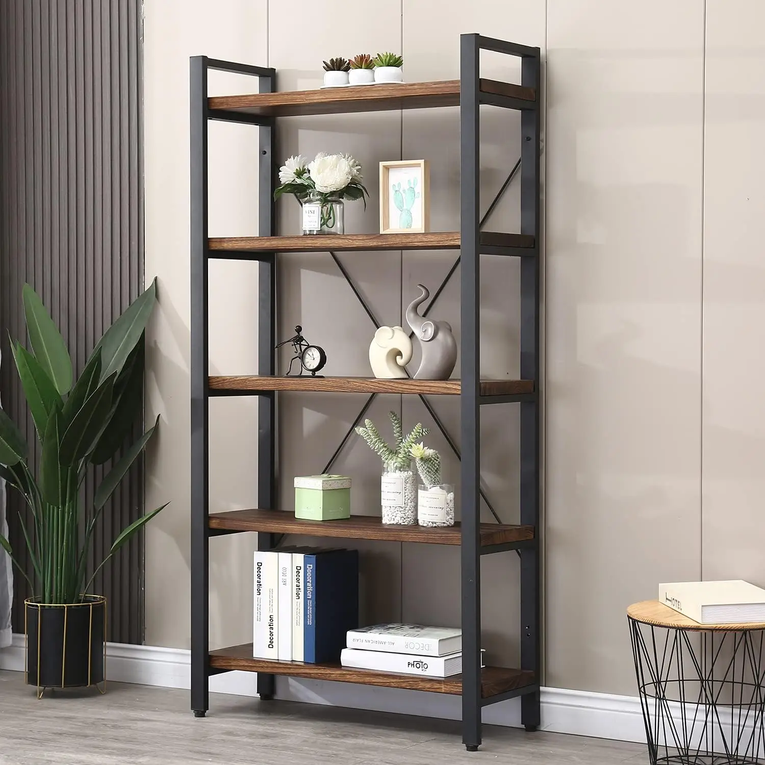 5 Tier Bookcase, Solid Wood Bookshelf Rustic Vintage Industrial Etagere Bookcase, Metal And Wood Free Vintage Bookshelf, Retro