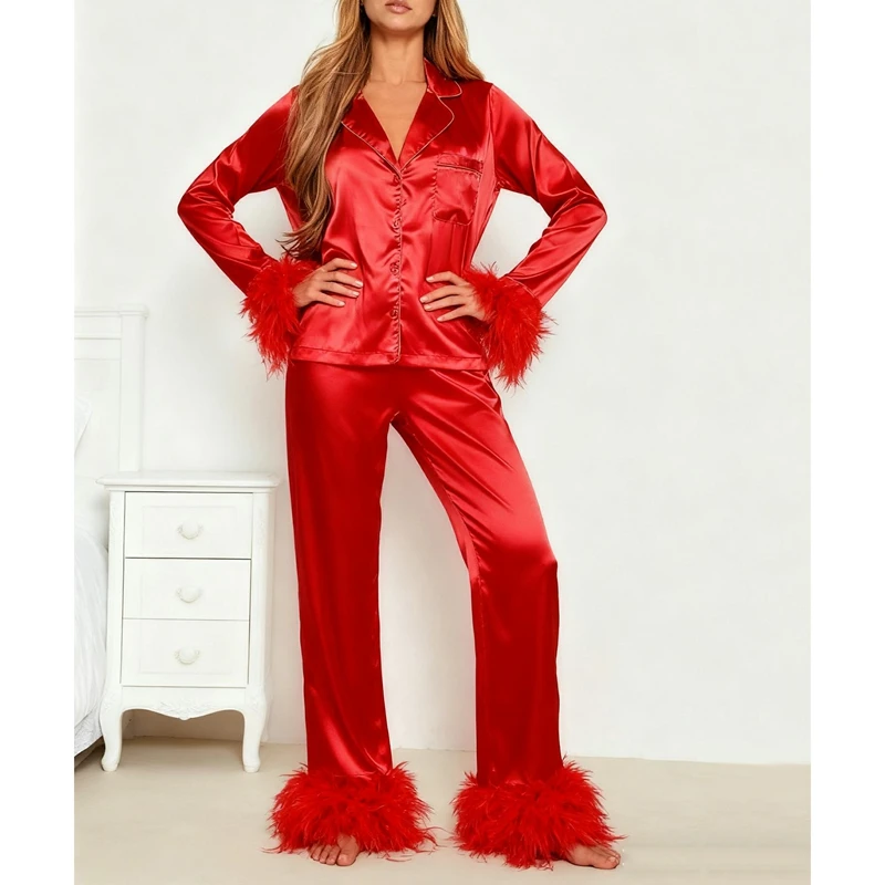 Womens Silk Satin Pajamas Set Feather Trim Cuff 2 Piece Loungewear Long Sleeve Button Down Shirt with Pants Silky Suit Sleepwear
