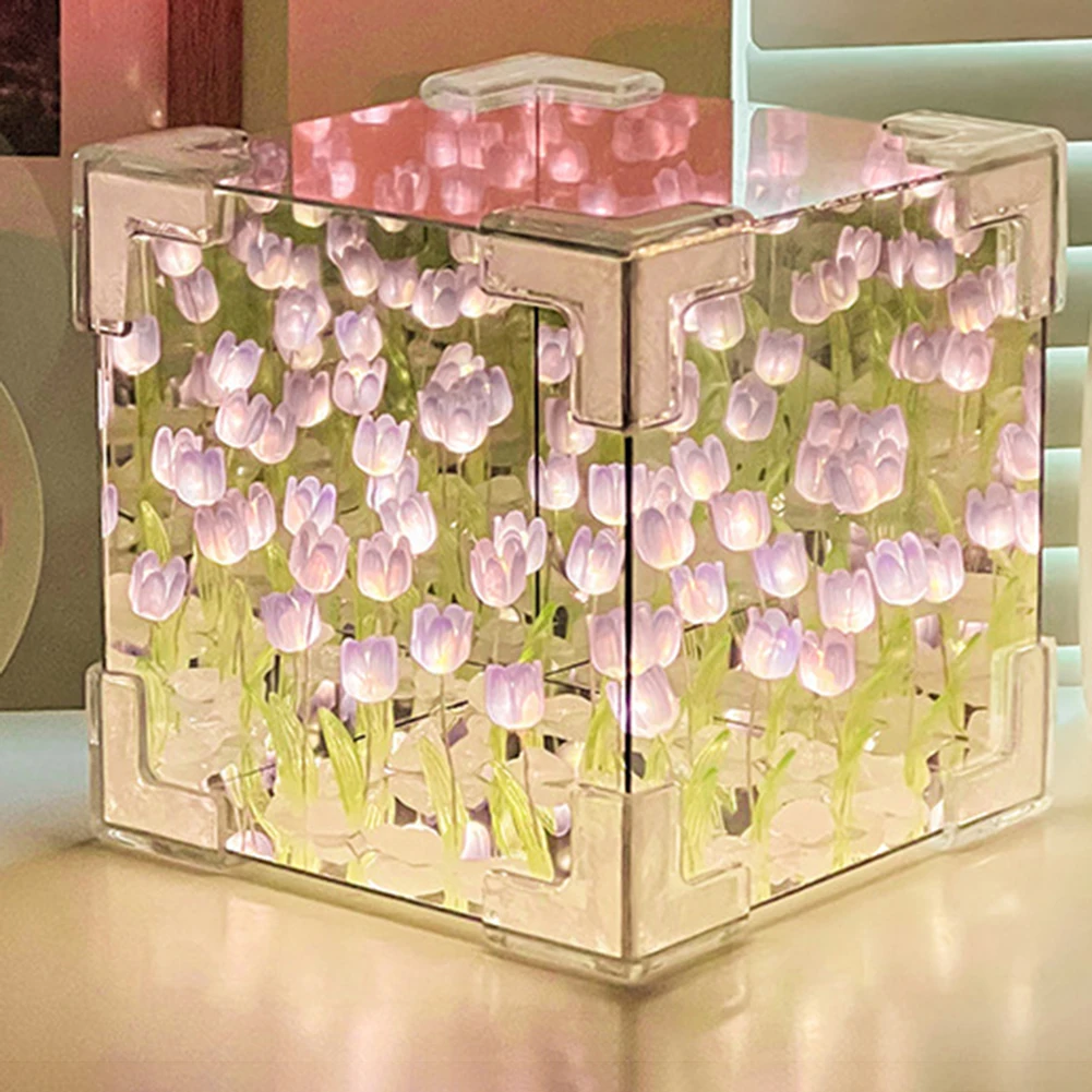 Creative Diy Tulip Flower Sea Cube for Girlfriend Couple Girlfriend Gift Three-Dimensional Small Night Lamp Material Package