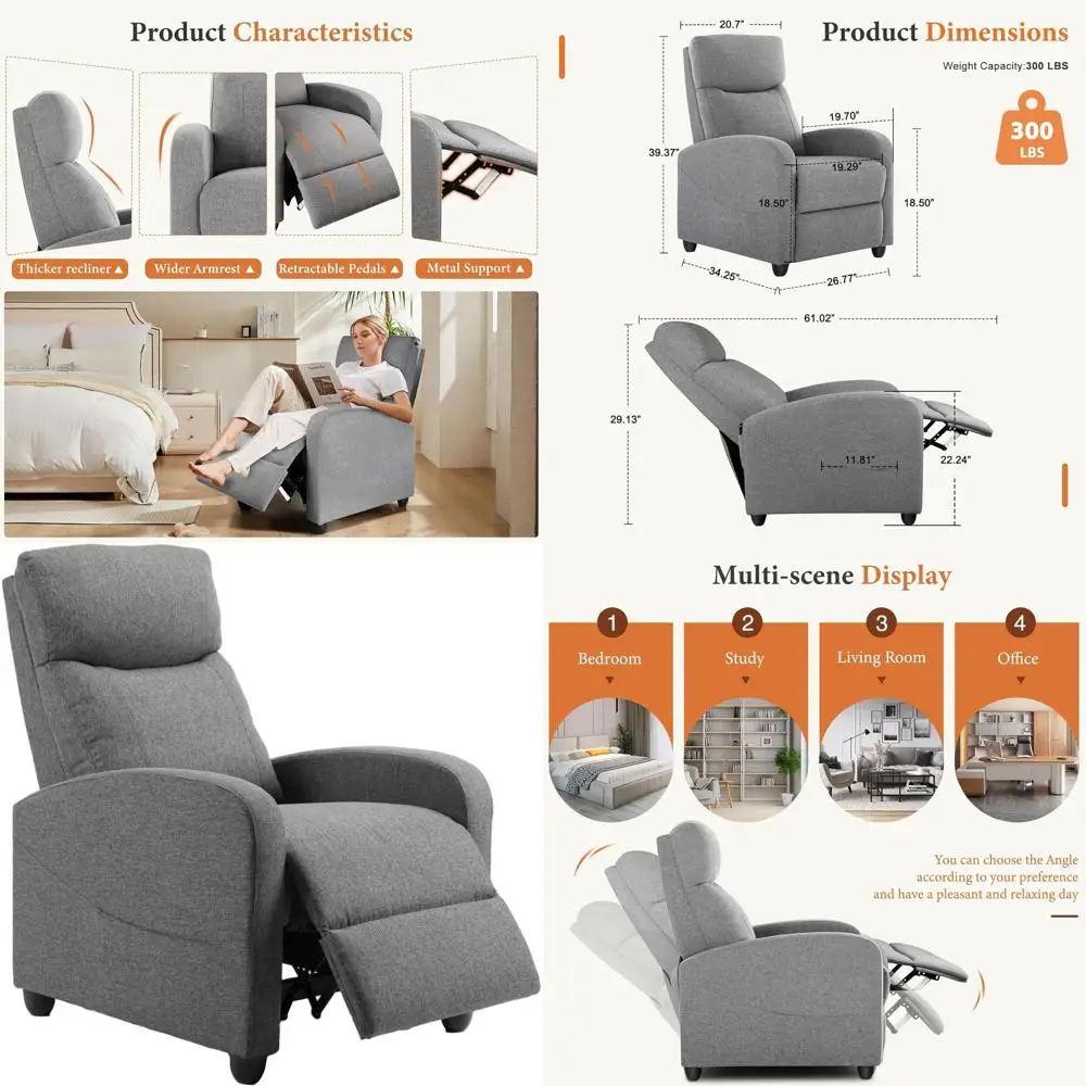 

Slate Gray Recliner Sofa with Lumbar Support, Home Theater Reclining Chair, High-Density Foam Cushion
