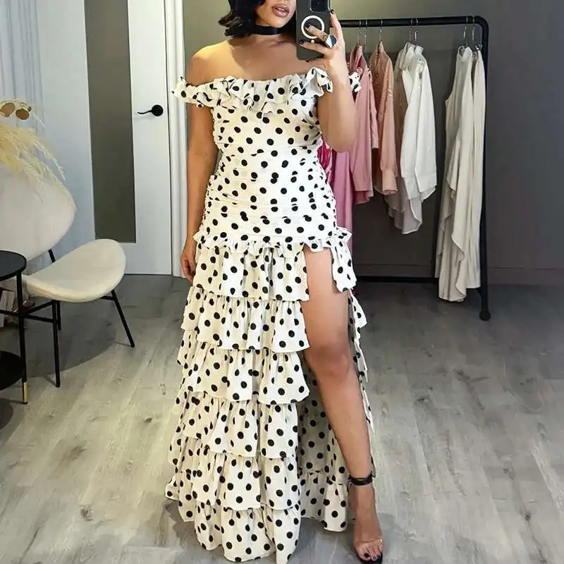 Elegante plissado fino irregular longo moda verão split em camadas bolo vestidos polka impressão fora do ombro vestido de festa feminino