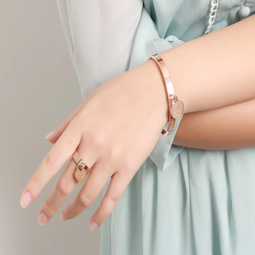 Stainless Steel Forever Love Cuff Bangle Bracelet Sweet Heart Charm Ring For Women Men Wedding Jewelry Set Gift