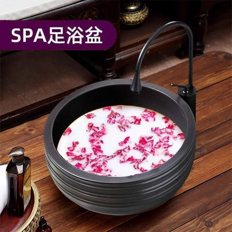 Foot Bath Deepening Black Round Ceramic Foot Bath Tub Home Massage Foot Bath Bucket with Faucet