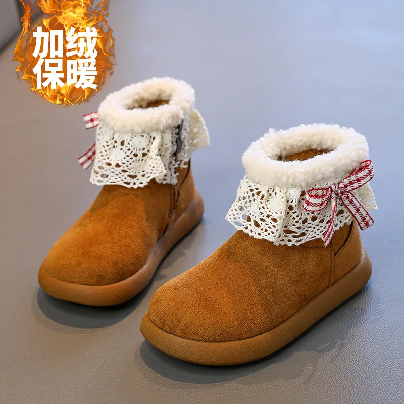 

Winter Plush Boots For Children Korean Style Lace Kid's Snow Boots Thick Warm Padded Cotton Shoes Winter Warm Boots For Girls