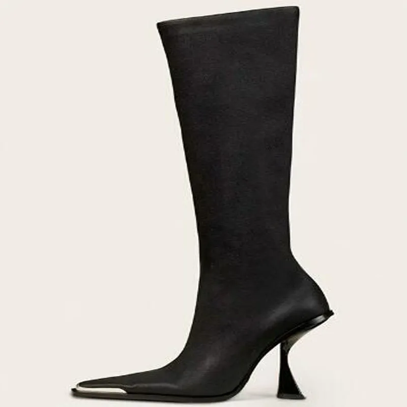 New Women Black Matte Leather Metal Pointed Toe Strange Heels Slim Knee High Boots Ladies High Heel Stretch Long Boots Autumn