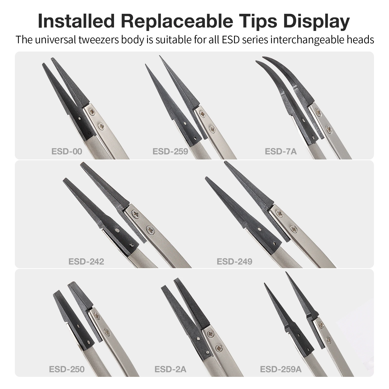 FEITA Anti Static ESD Tweezers Replaceable Tips Stainless Steel Body Carbon Fiber Conductive Plastic Head Tweezer for Electronic
