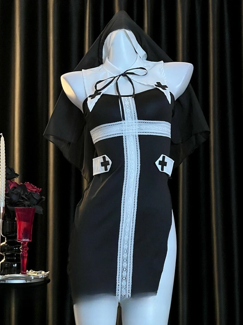 

Pure Desire Lace Cutout Cosplay Nun's Uniform,Sexy Body-Hugging Dress,Slimming and Seductive Nightwear Women,Romantic Bedroom